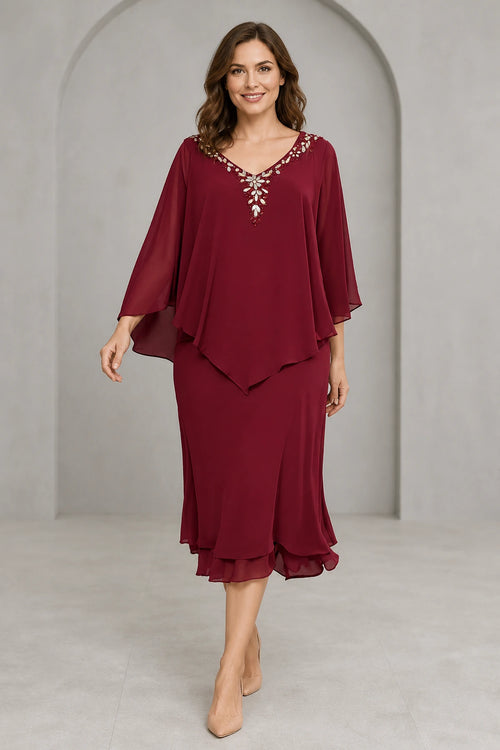 Burgundy sheath V-neck Mother of the Bride dress with beaded neckline, cape sleeves, layered midi skirt and V-back, front and back view by Graceprom
