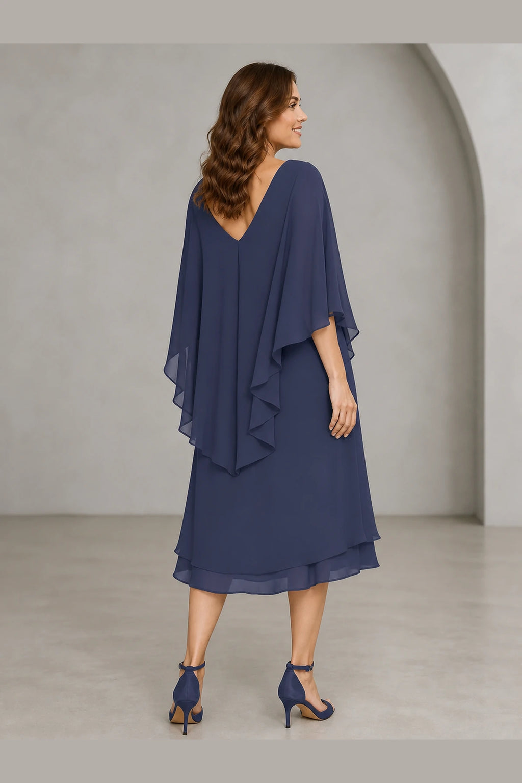 Refined Sheath V-Neck Cape-Sleeve V-Back Midi Mother of the Bride Dress