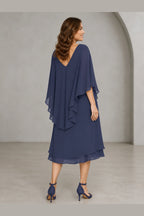 Refined Sheath V-Neck Cape-Sleeve V-Back Midi Mother of the Bride Dress