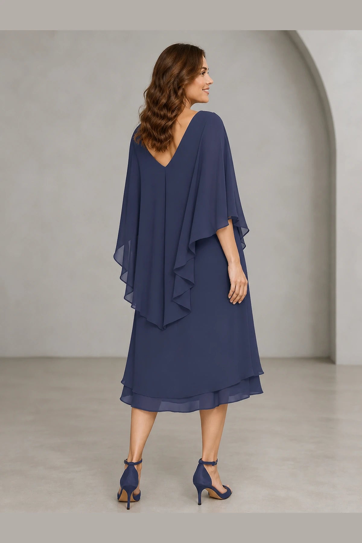 Refined Sheath V-Neck Cape-Sleeve V-Back Midi Mother of the Bride Dress