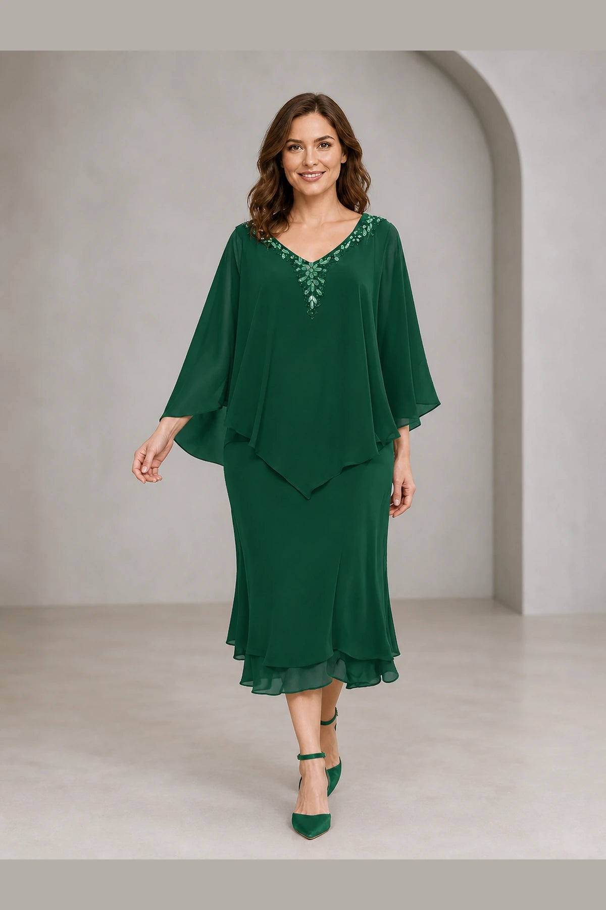 Refined Sheath V-Neck Cape-Sleeve V-Back Midi Mother of the Bride Dress