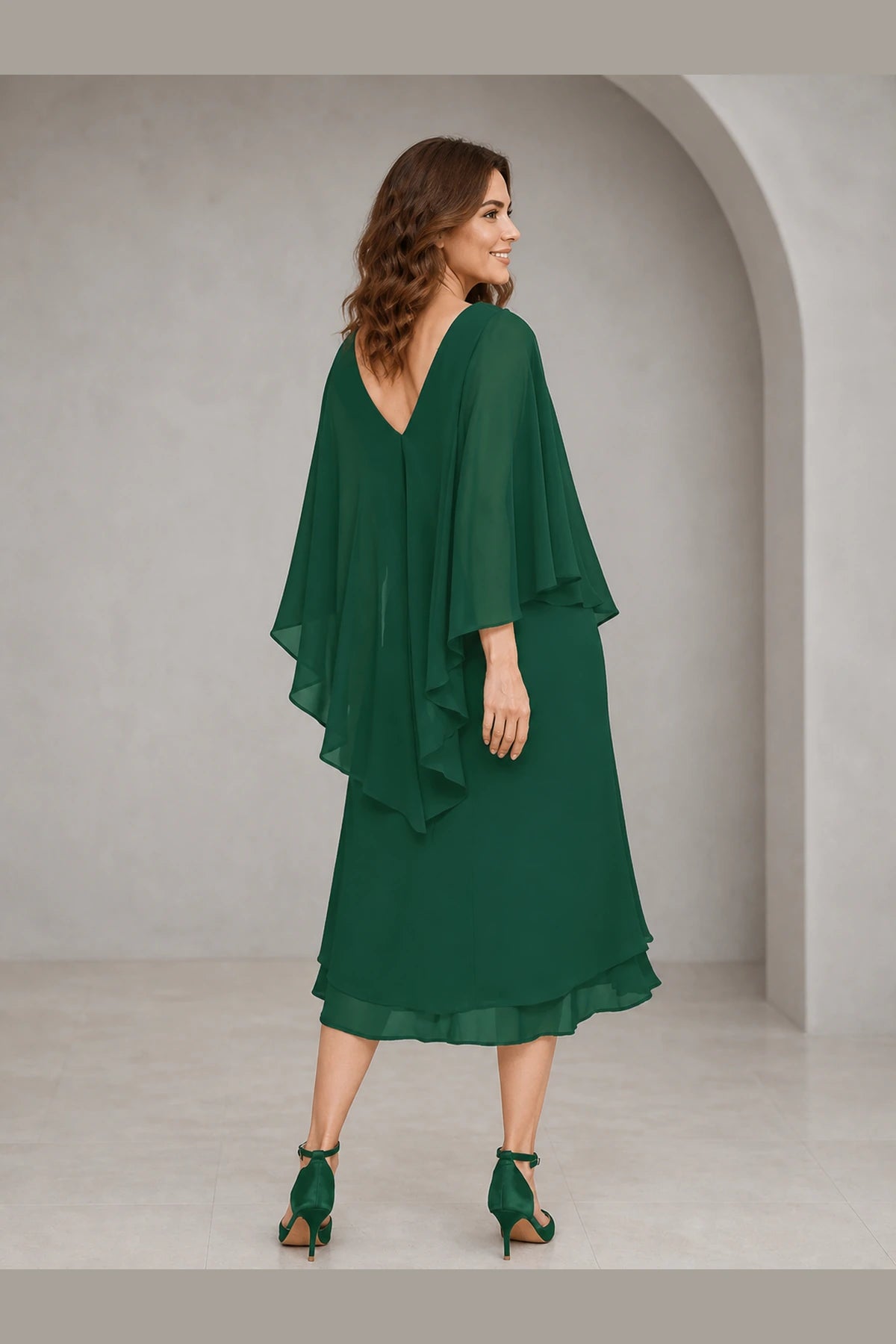 Refined Sheath V-Neck Cape-Sleeve V-Back Midi Mother of the Bride Dress