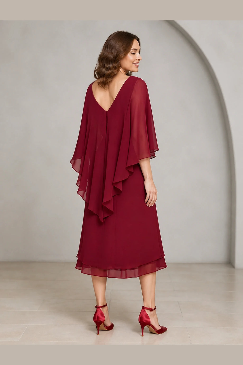 Burgundy sheath V-neck Mother of the Bride dress with beaded neckline, cape sleeves, layered midi skirt and V-back, front and back view by Vedress