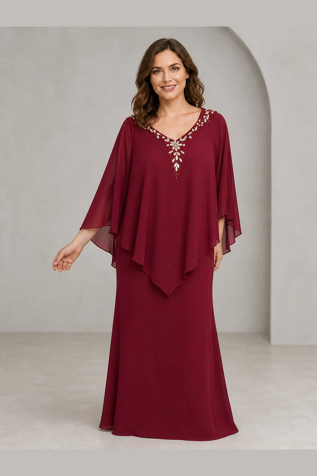 Refined Sheath V-Neck Cape-Sleeve V-Back Midi Mother of the Bride Dress
