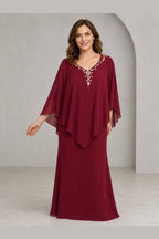 Refined Sheath V-Neck Cape-Sleeve V-Back Midi Mother of the Bride Dress