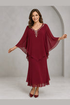 Refined Sheath V-Neck Cape-Sleeve V-Back Midi Mother of the Bride Dress