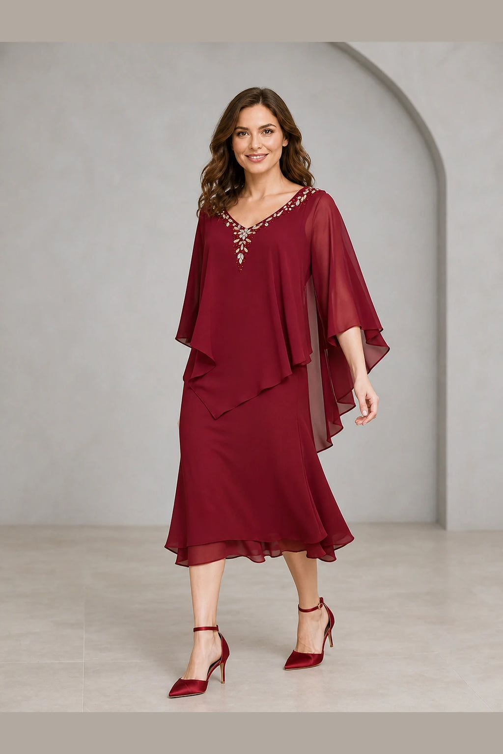 Refined Sheath V-Neck Cape-Sleeve V-Back Midi Mother of the Bride Dress