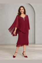 Refined Sheath V-Neck Cape-Sleeve V-Back Midi Mother of the Bride Dress