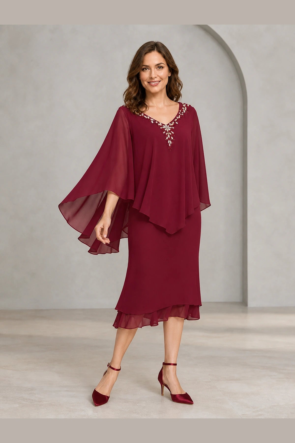Refined Sheath V-Neck Cape-Sleeve V-Back Midi Mother of the Bride Dress