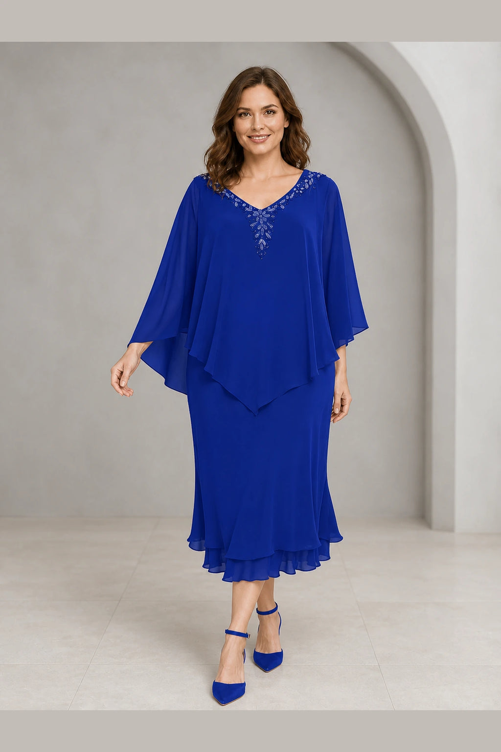Refined Sheath V-Neck Cape-Sleeve V-Back Midi Mother of the Bride Dress
