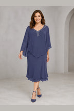 Refined Sheath V-Neck Cape-Sleeve V-Back Midi Mother of the Bride Dress