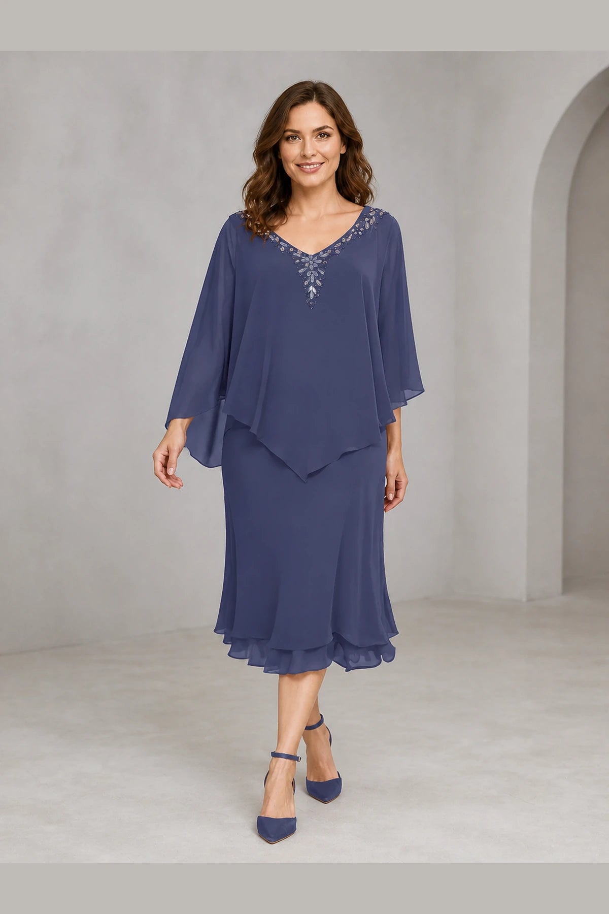 Refined Sheath V-Neck Cape-Sleeve V-Back Midi Mother of the Bride Dress