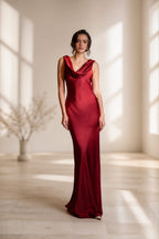 Burgundy cowl neck sleeveless long bridesmaid dress by GraceProm