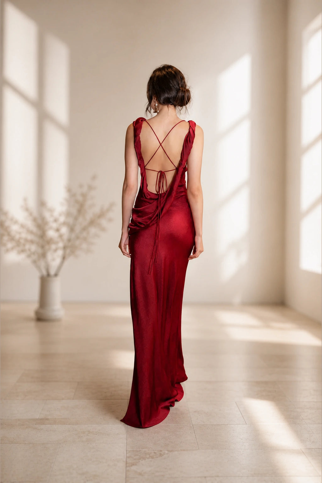 Burgundy bridesmaid dress with crisscross lace up open back by GraceProm