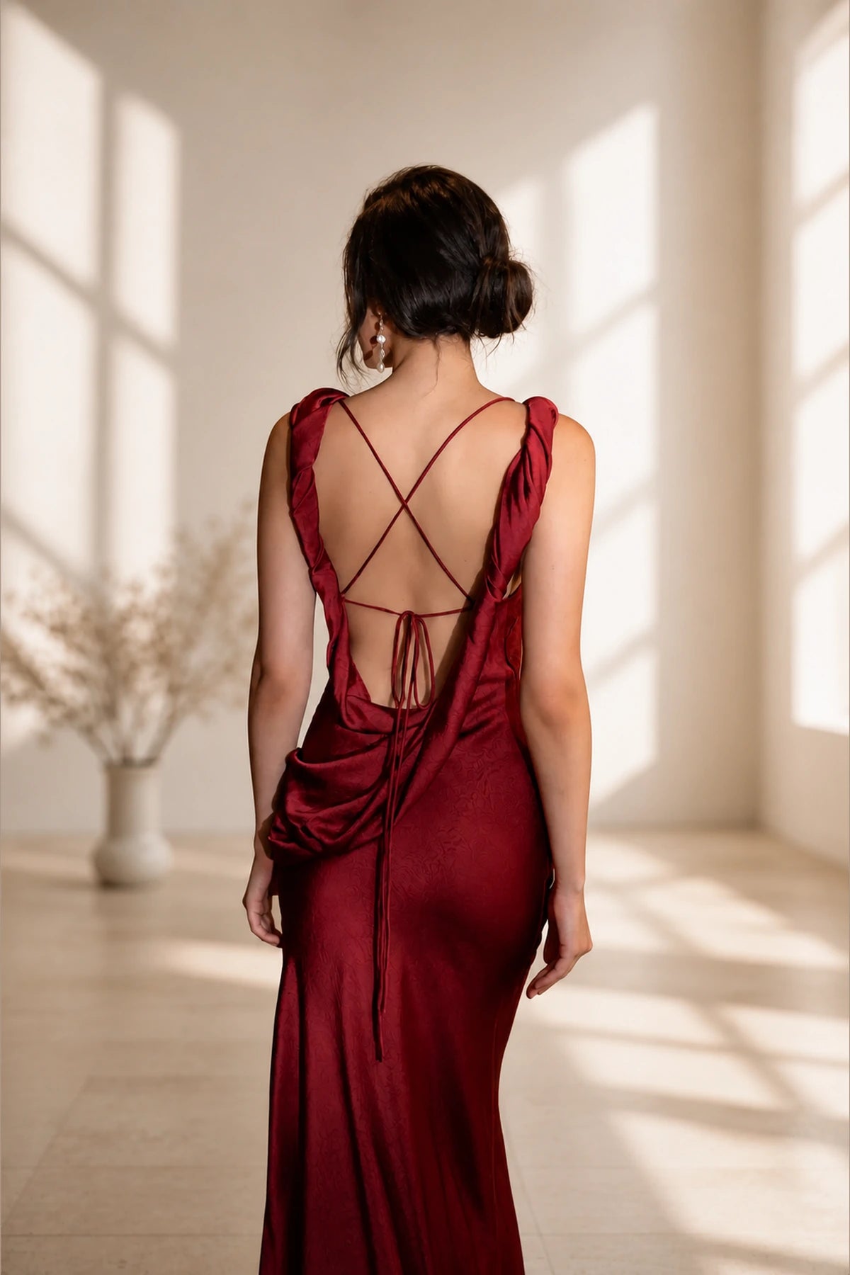 Radiant Sheath Cowl Neck Sleeveless Lace Up Back Long Bridesmaid Dress