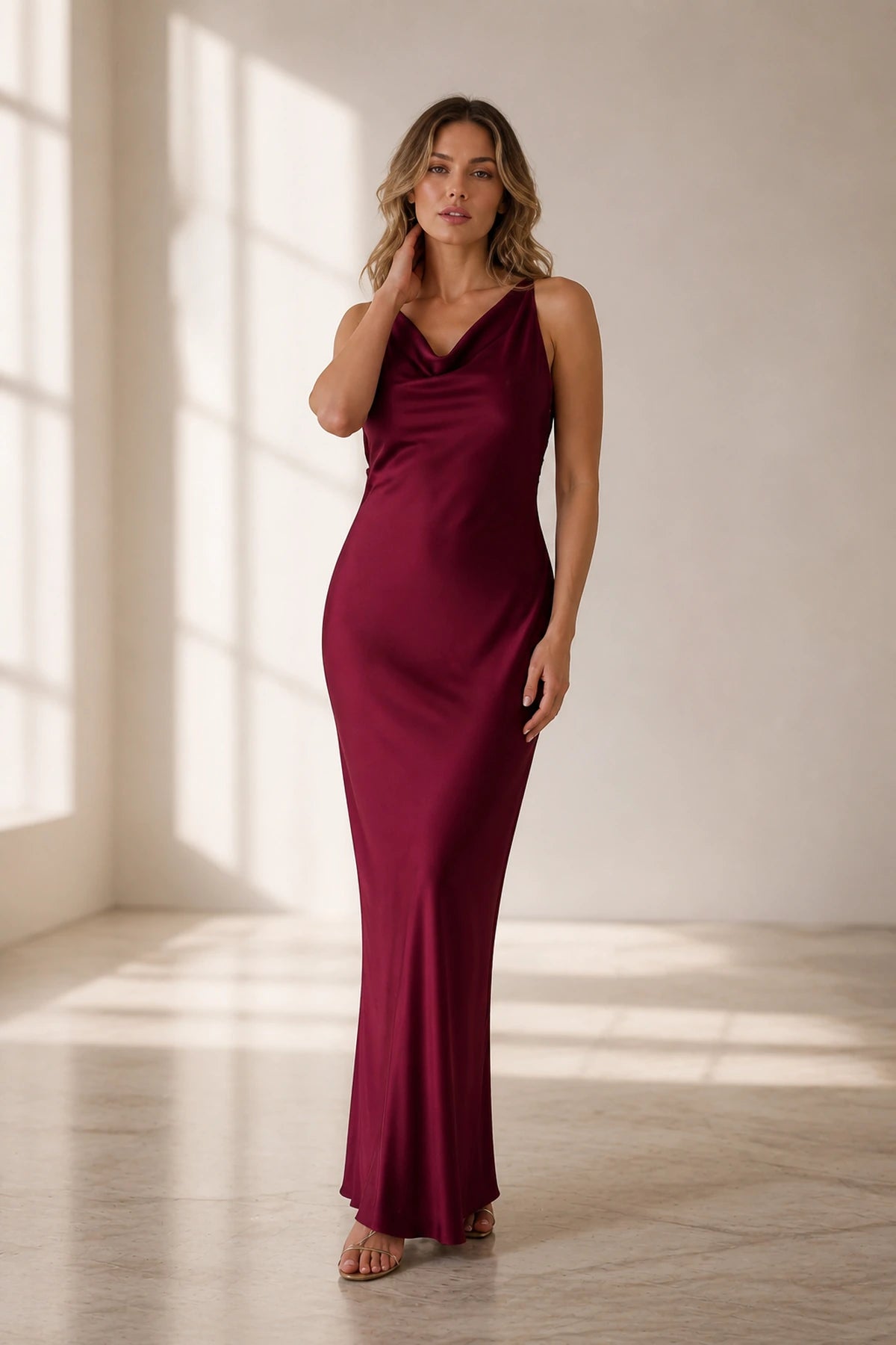 Burgundy cowl neck sleeveless long wedding guest dress by GraceProm