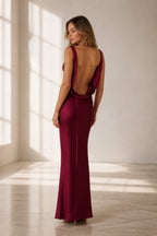 Burgundy wedding guest dress with deep open back and long tie details by GraceProm