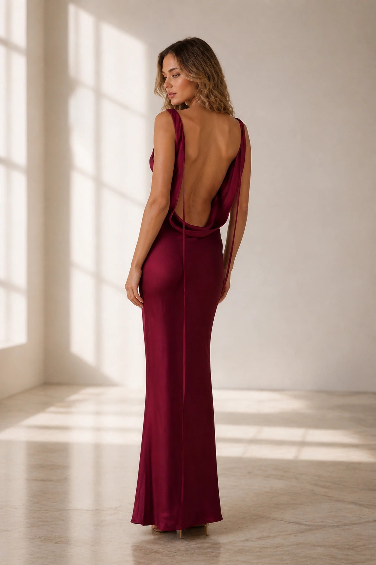 Burgundy wedding guest dress with deep open back and long tie details by GraceProm