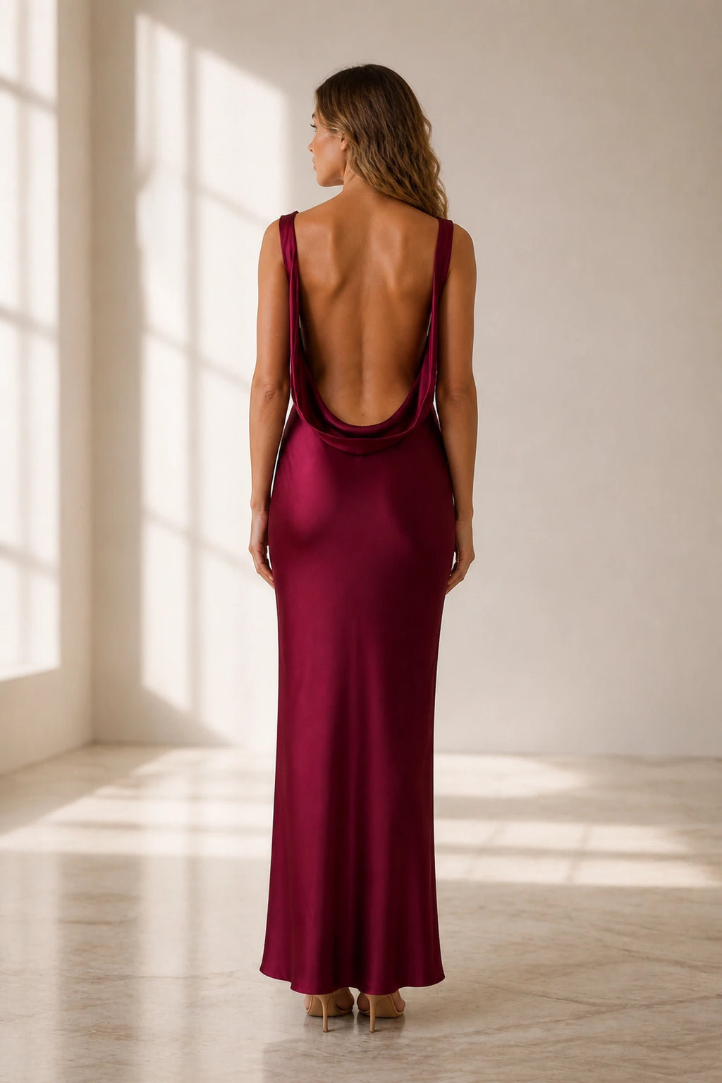 Sophisticated Sheath Cowl Neck Sleeveless Open Back Long Wedding Guest Dress