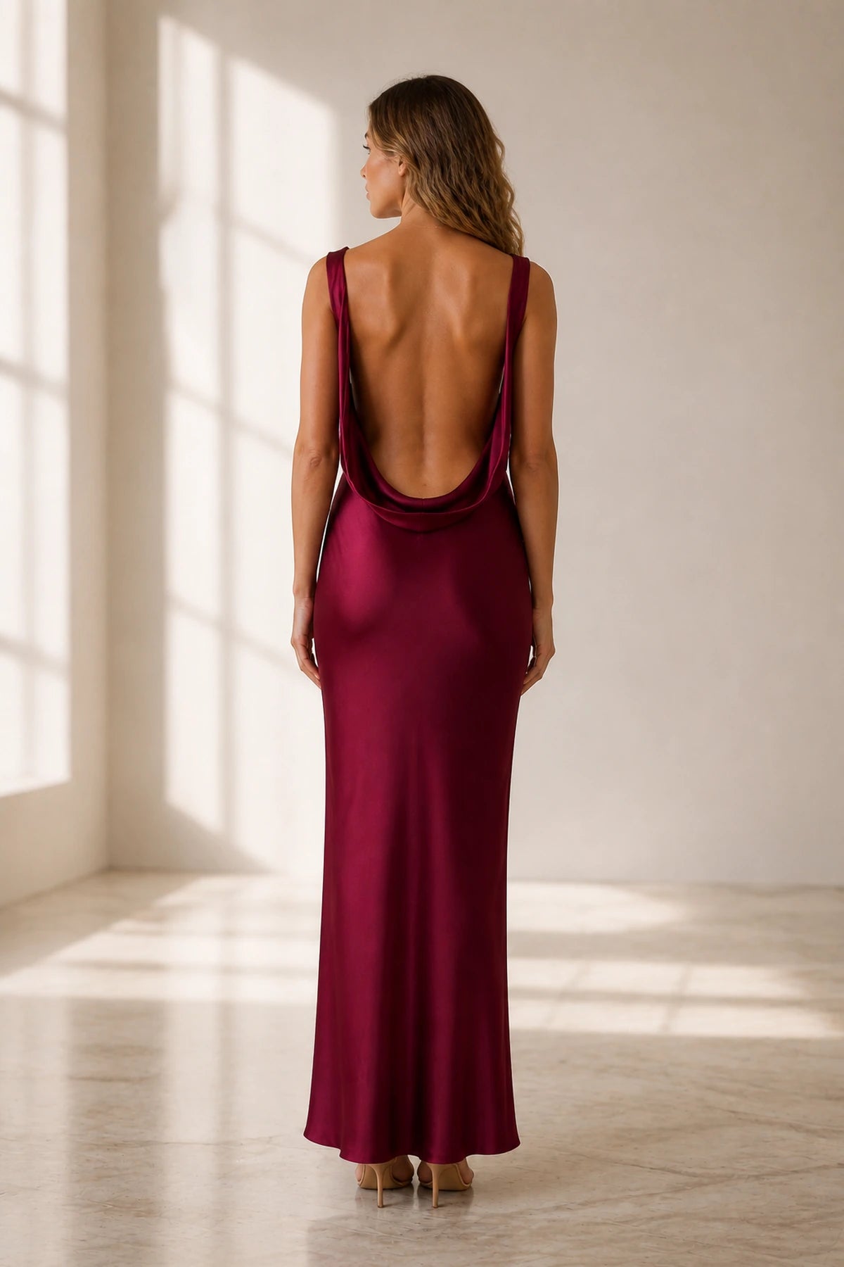Sophisticated Sheath Cowl Neck Sleeveless Open Back Long Wedding Guest Dress