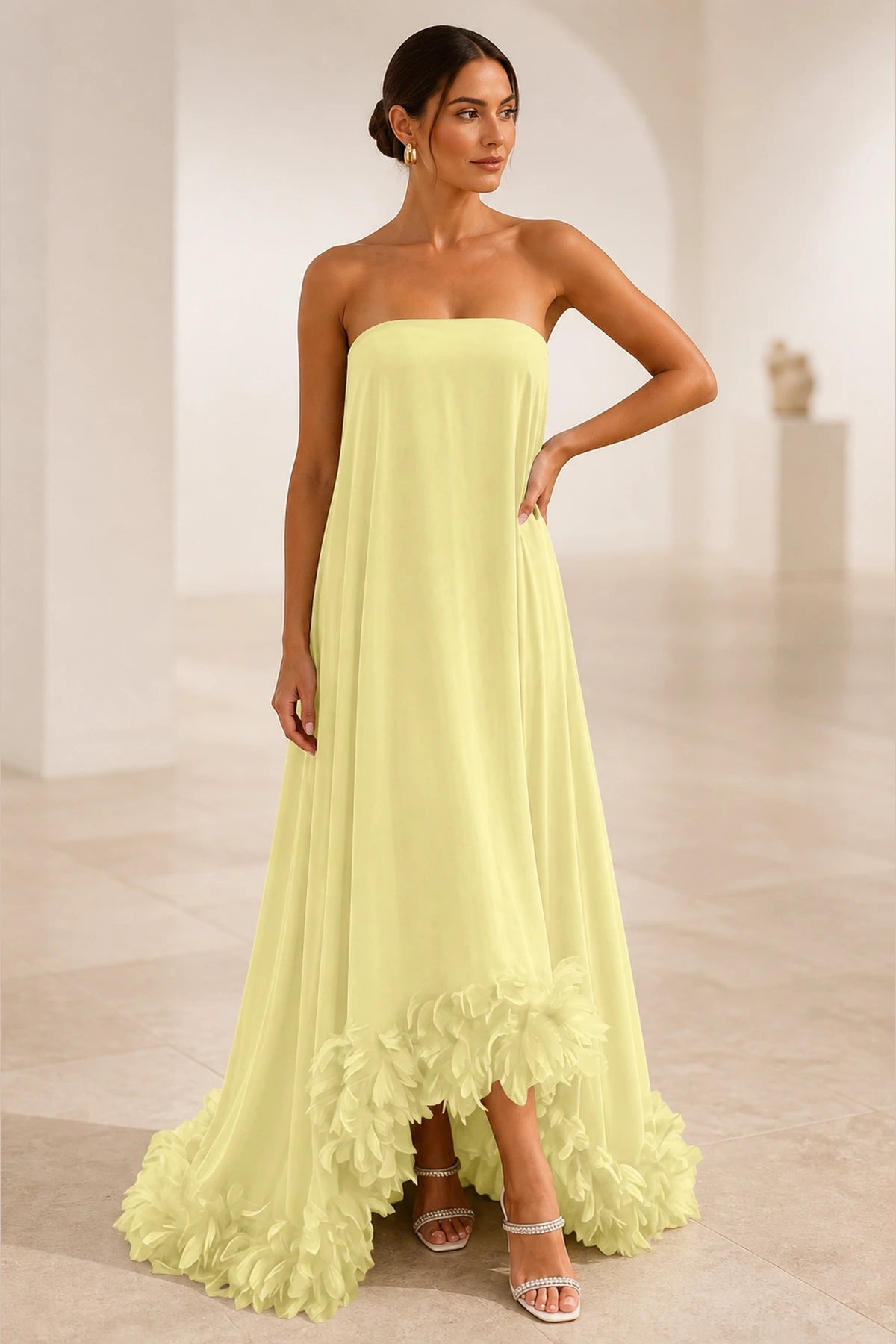 Luxe A-Line Strapless Sleeveless Low-Back Floor-Length Wedding Guest Dress