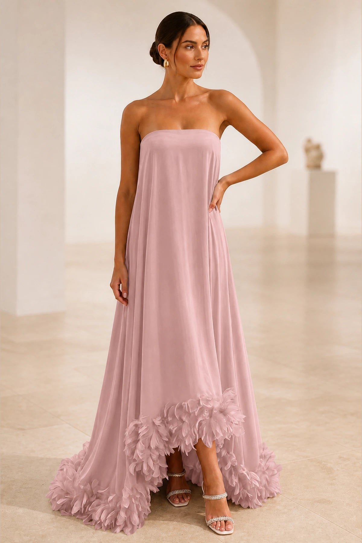 Luxe A-Line Strapless Sleeveless Low-Back Floor-Length Wedding Guest Dress
