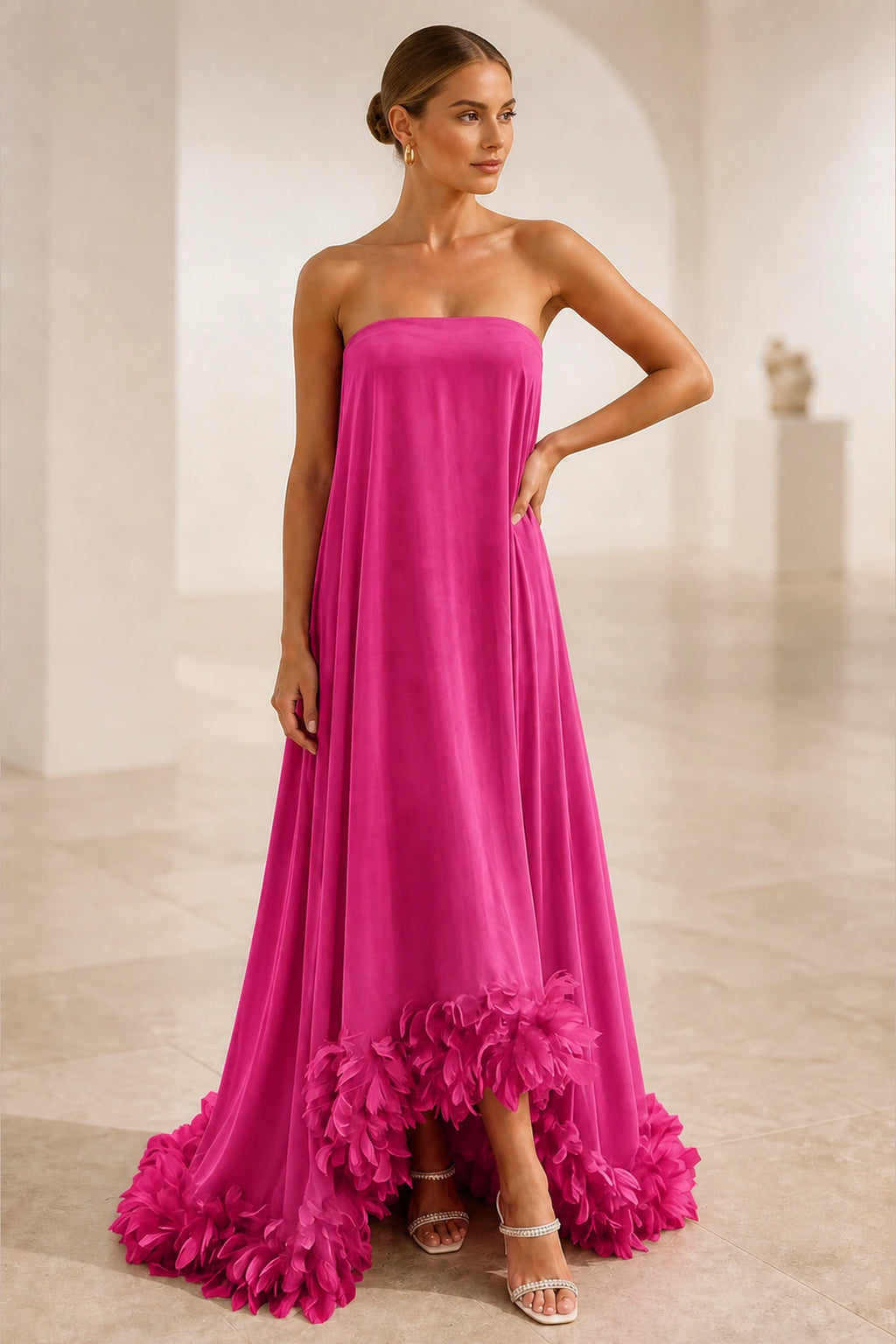 Luxe A-Line Strapless Sleeveless Low-Back Floor-Length Wedding Guest Dress