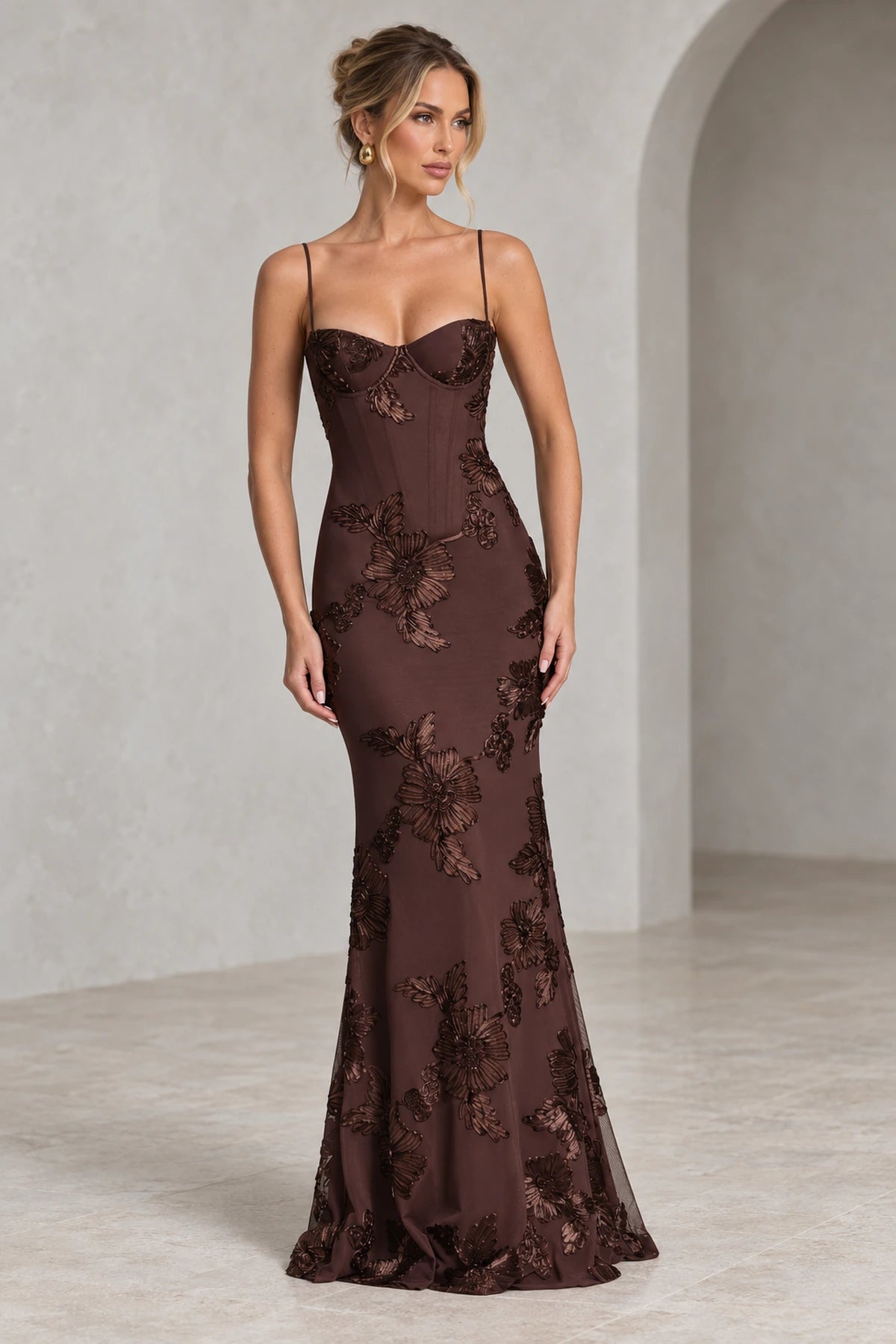 Elegant Floral Mermaid Sweetheart Spaghetti-Strap Lace-Up Back Floor-Length Bridesmaid Dress