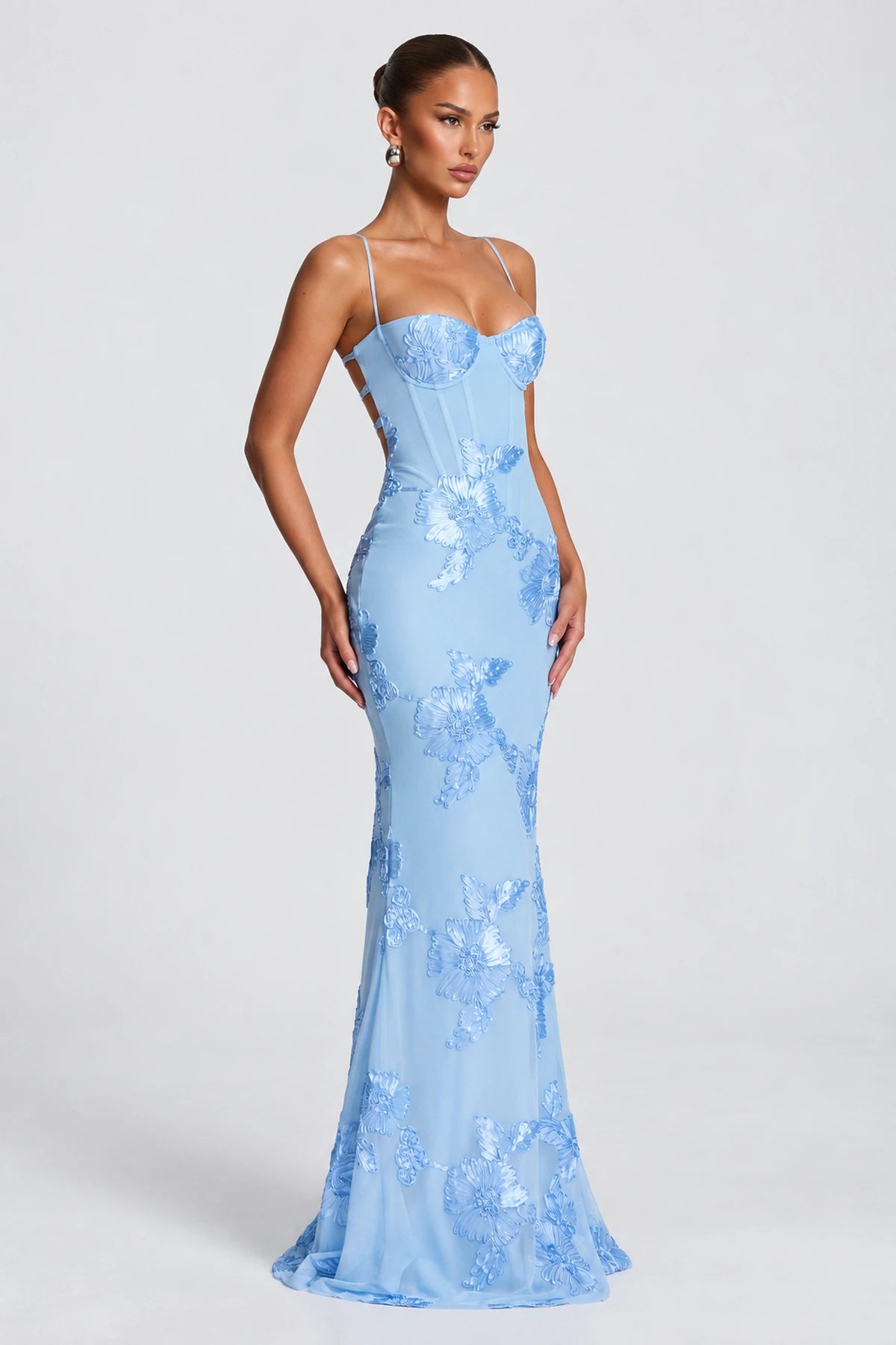 Elegant Floral Mermaid Sweetheart Spaghetti-Strap Lace-Up Back Floor-Length Bridesmaid Dress