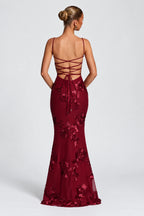 Back view of burgundy floral bridesmaid dress with crisscross lace-up open back by Graceprom
