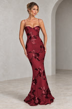 Burgundy floral mermaid bridesmaid dress with sweetheart neckline and spaghetti straps by Graceprom