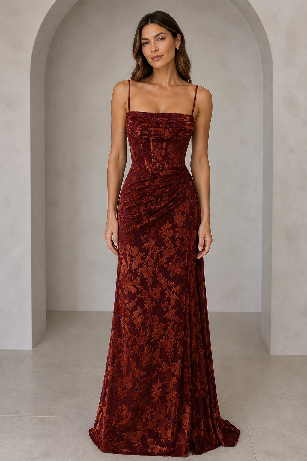 Burgundy floral square neck spaghetti strap floor length wedding guest dress front view