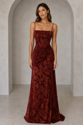 Burgundy floral square neck spaghetti strap floor length wedding guest dress front view