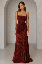 Burgundy floral square neck spaghetti strap floor length wedding guest dress front view