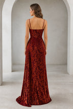 Burgundy floral spaghetti strap low back floor length wedding guest dress back view