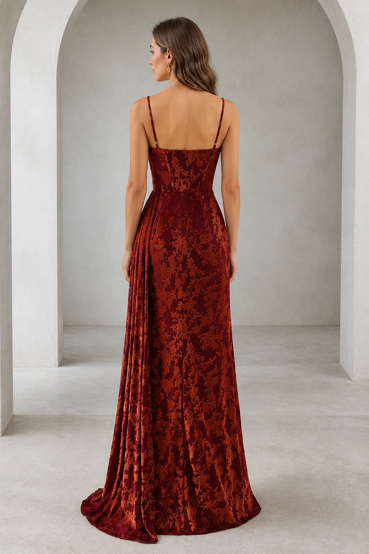 Burgundy floral spaghetti strap low back floor length wedding guest dress back view