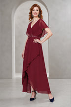 Burgundy A-line V-neck flutter sleeve long Mother of the Bride dress with beaded waist, asymmetric overlay and closed back, front and back view by Vedress