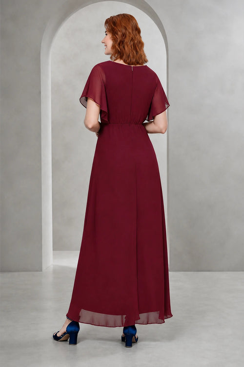 Burgundy A-line V-neck flutter sleeve long Mother of the Bride dress with beaded waist, asymmetric overlay and closed back, front and back view by Graceprom
