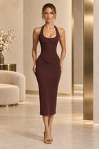 Elegant Sheath Halter Neck Corset Lace Up Back Midi Prom Dress