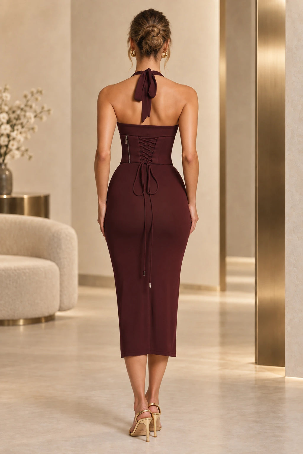 Elegant Sheath Halter Neck Corset Lace Up Back Midi Prom Dress