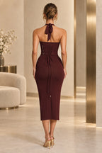Elegant Sheath Halter Neck Corset Lace Up Back Midi Prom Dress