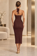 Elegant Sheath Halter Neck Corset Lace Up Back Midi Prom Dress