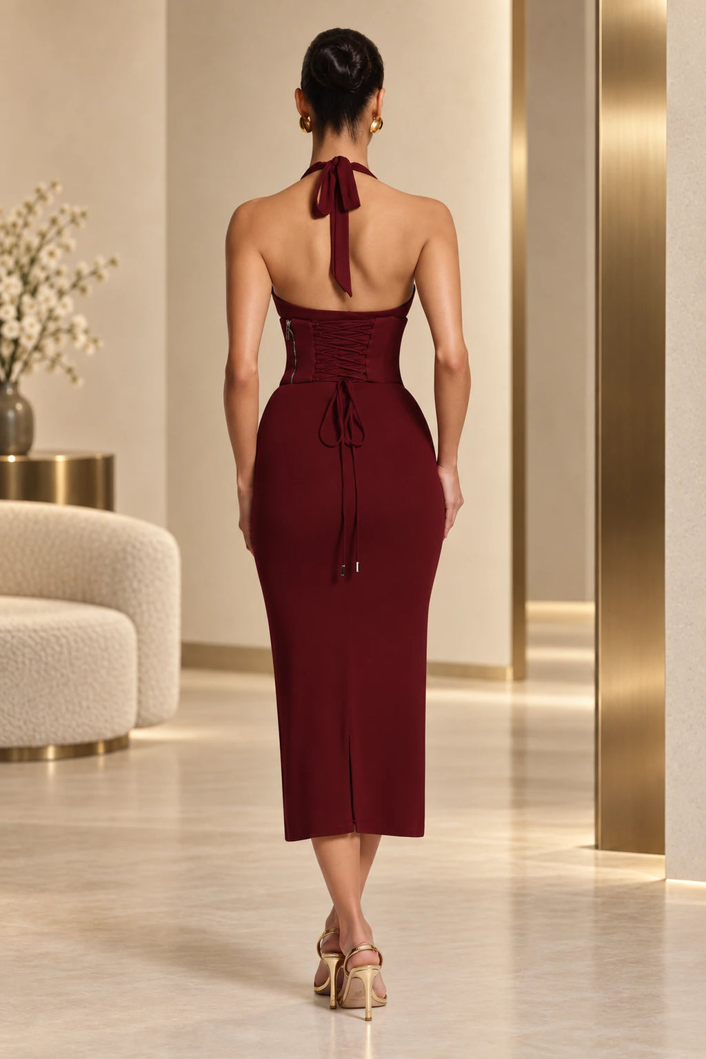 Burgundy lace up back halter formal midi dress with corset detail