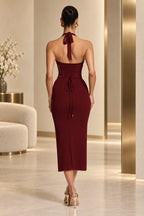 Burgundy lace up back halter formal midi dress with corset detail