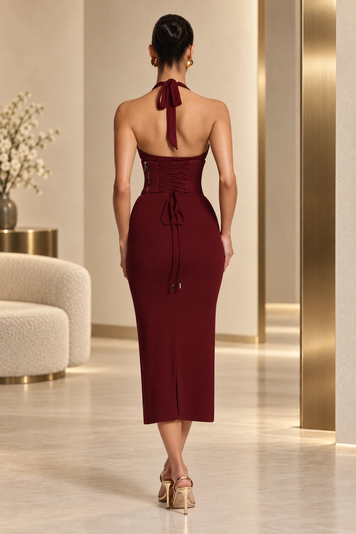 Burgundy lace up back halter formal midi dress with corset detail