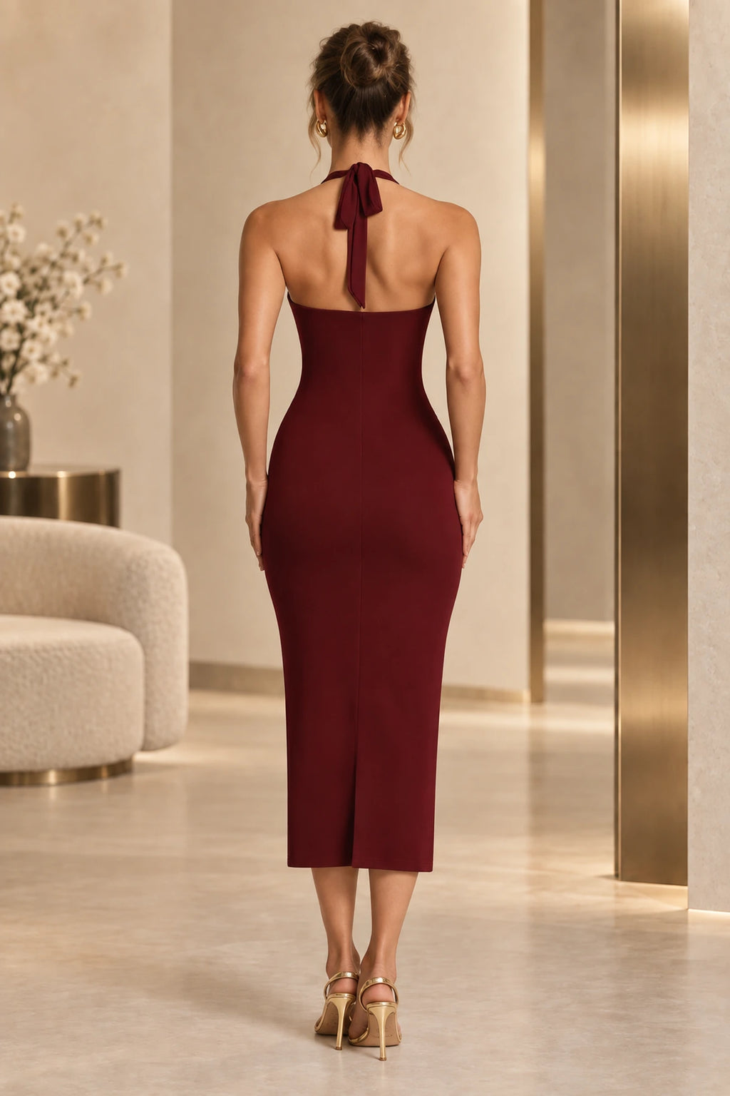 Elegant Sheath Halter Neck Corset Lace Up Back Midi Prom Dress