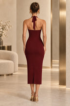 Elegant Sheath Halter Neck Corset Lace Up Back Midi Prom Dress