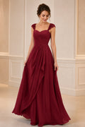 Burgundy A-line wedding guest dress with sweetheart neckline lace cap sleeves and keyhole back by Vedress