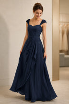 Refined A-Line Sweetheart Lace Cap Sleeve Keyhole Back Long Wedding Guest Dress