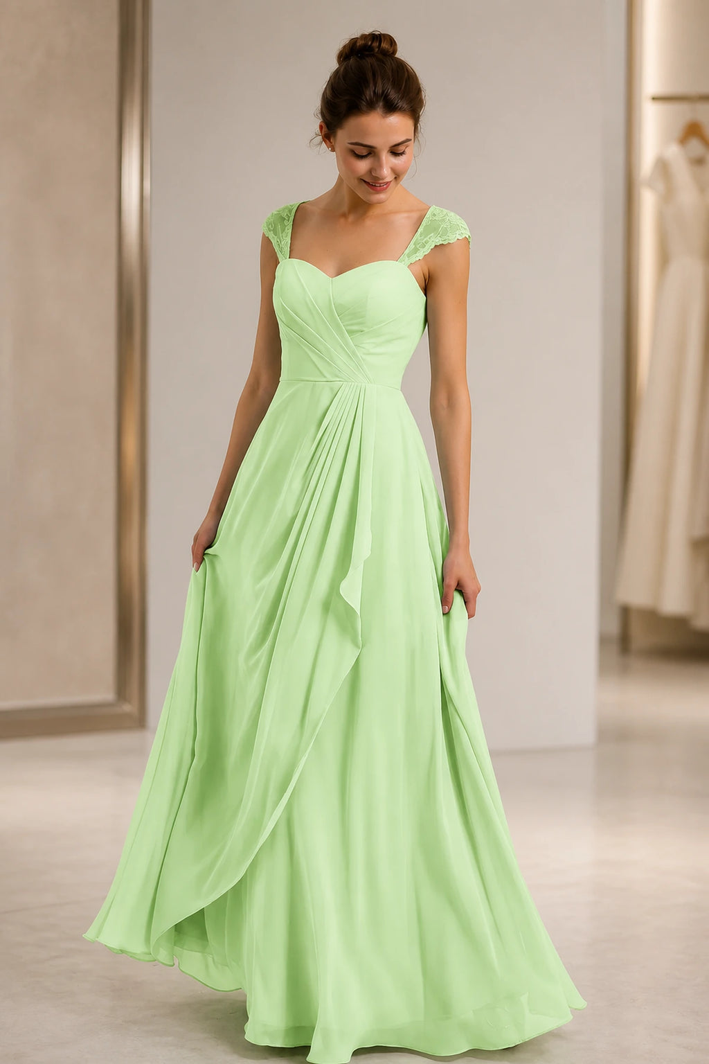 Refined A-Line Sweetheart Lace Cap Sleeve Keyhole Back Long Wedding Guest Dress